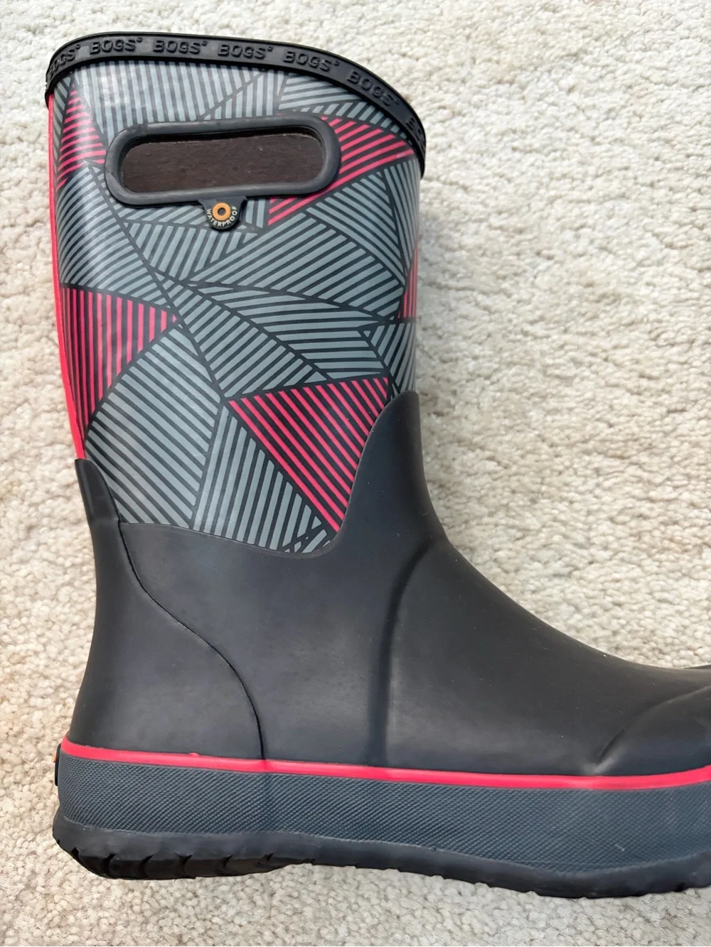 Bogs Big Kid Size Youth 3 Black Red Geometric Rain Snow Pull On Boots